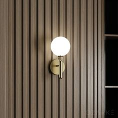 a light that is on the side of a wooden wall next to a book shelf