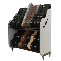 a rack filled with lots of different colored guitars