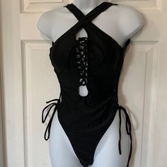 New Never Used Black Cross Cross Detail Straps Can Be Used In Multiple Ways As Shown Above Goth One Piece Swimsuit, Black Cross-tied Beachwear Swimwear, Spring Black Strappy Swimwear, Black Strappy Swimwear For Spring, Goth Swimsuit Bikinis, Colorblock Swimsuit, Summer Goth, Cut Out One Piece, Black Cross