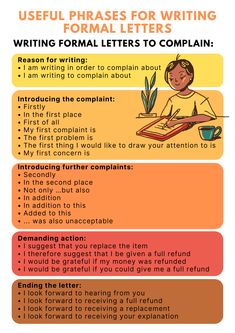 a poster with the words useful phrases for writing formal letters to complaints on it