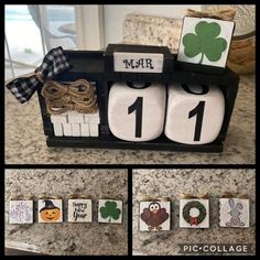 a collage of photos showing different items for st patrick's day on the counter