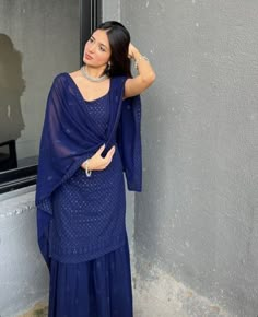 Navy Blue Dress Design Pakistani, South Asian Dresses Traditional Clothes, Sharara Suit Aesthetic, Outfits To Wear In Vrindavan, Hindi Traditional Dress, Pretty Suits Indian, Desi Wedding Outfit Ideas, Foreigners In Indian Wear, Aesthetic Suits Indian