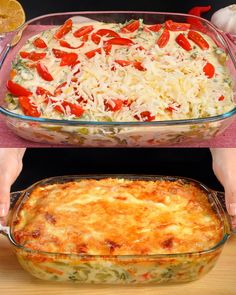 two images show the same casserole in different pans, one with red peppers and cheese on top