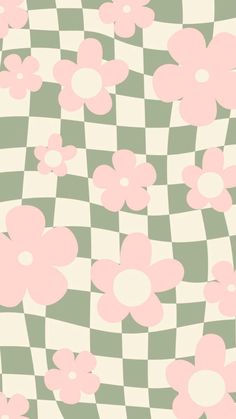 a checkered background with pink flowers on it