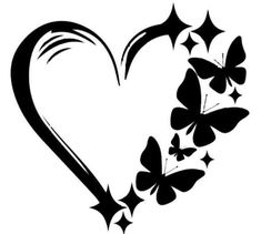 black and white heart with butterflies flying out of the center, on a white background