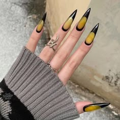 Halloween Fake Nails, Nails Long Almond, Fake Nails Long, Yellow Nail, Long Almond, Black Acrylic Nails, Stick On Nails, Nails Long