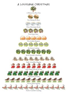 a christmas tree with different animals and trees on the bottom, including santa's sleigh