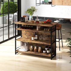 a kitchen with an island made out of wooden pallets