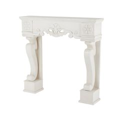 a white fireplace mantel with an ornate design on the top and bottom, against a white background