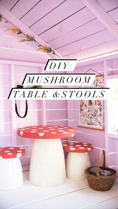 two mushroom tables and stools in a room with pink walls, white floors and wooden ceiling