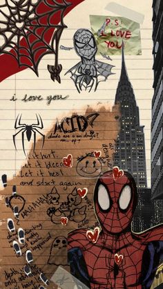 a collage of spider - man and other graffiti on lined paper with buildings in the background