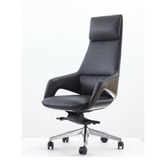 an office chair with black leather upholstered on wheels