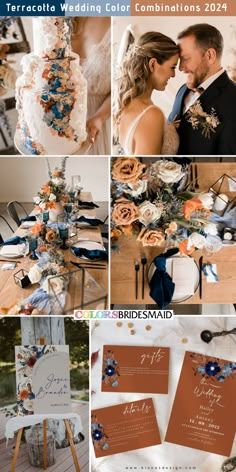 a collage of photos showing different wedding colors and details, including the bride and groom