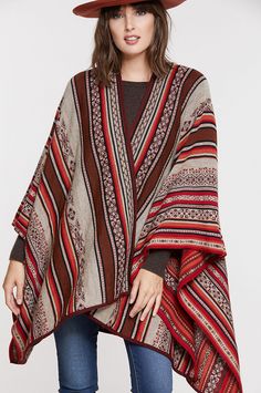 Inspired by the rich culture and ancient Incan ruins of Cusco, Peru, the Maya cape adds traditional South American flavor and a pop of color to your cool-weather wardrobe. This graceful, draping layer made from 100% baby alpaca wool is wonderfully soft, and insulates you from the cold without being heavy. Throw on this easy-wear cape over your favorite tee and jeans for an effortlessly stylish, timeless look. Lambskin Leather Blazer, Cashmere Cape, Cusco Peru, Reversible Coat, High Fashion Outfits, Leather Jacket Style, Wool Cape, Mexican Dresses, Wool Wrap