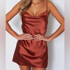 New With Tags! - Needs To Be Ironed/Steamed - Never Worn!! - Rust Color - Cowl Neckline Year 10 Formal Dresses, Red Hoco Dress, Red Hoco, Formal Dresses Australia, Short Satin Dress, Dresses Australia, Beautiful Maxi Dresses, White Fox Boutique, Online Clothing Boutiques