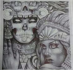 a drawing of two women with skulls on their faces