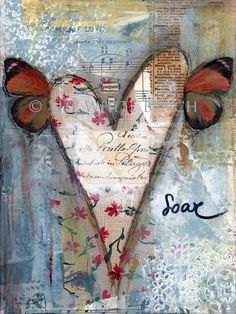 an altered photograph of two butterflies in the shape of a heart with words on it