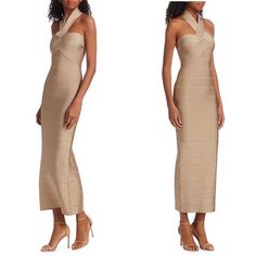 Featuring Herve Leger's Iconic Bandage-Style Design, This Cocktail Dress Has A Woven Bust Topped With A Crisscross Halter Neckline. It Has A Subtle Metallic Patina To Add A Hint Of Evening Elegance To This Piece. Halterneck Sleeveless Concealed Back Zip Back Vent Rayon/Nylon/Spandex Dry Clean Imported Size & Fit Bodycon Silhouette About 58" From Shoulder To Hem Model Shown Is 5'10" (177cm) Wearing Us Size Small Herve Leger Dress Bandage, Chic Travel Outfit, Bandage Dress Herve Leger, Cross Dress, Herve Leger Dress, Bandage Dress Bodycon, Herve Leger, Dresses Backless, Halter Neckline