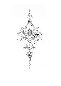 a black and white drawing of a lotus flower on a white background with an intricate design