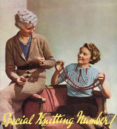 an old photo of two women knitting together