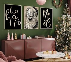 a living room decorated for christmas with two paintings on the wall and a tree in the corner