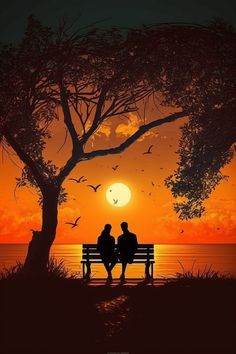 two people sitting on a bench at sunset