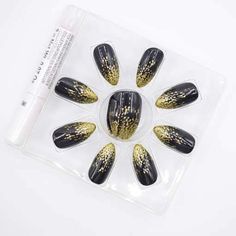 Stiletto Black and Gold False Fake Nails / 24 Nails Art Water, Nails Nail