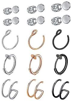 the different types of earrings are shown in various colors and shapes, including gold, silver,