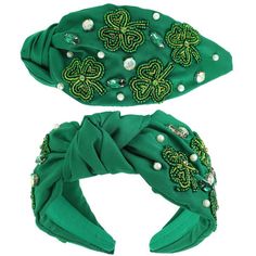 Cute knot headband, with beaded clovers! Irish Fashion Women, Irish Fashion, Green Headband, Crystal Embroidery, Top Knot Headbands, Knotted Headband, Embroidery Top, Beaded Headband, White Headband