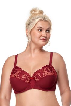 Red embroidered unlined bra Embroidered Bra, Big Bust, The Cup, Lace Embroidery, Feel Confident, Tights