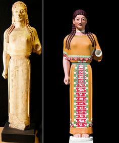 two statues of women standing next to each other in different colors and designs on display