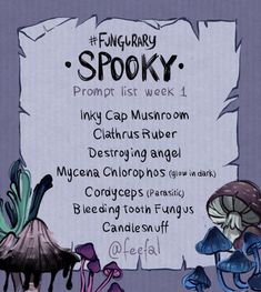 an image of a poster with mushrooms and other things in the background that say spooky