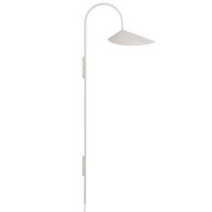 a white floor lamp with an adjustable arm and shade on the top, against a white background