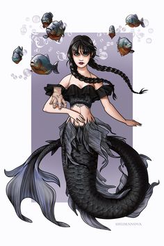 a drawing of a woman in a black dress with fish around her neck and hands on her hips