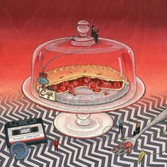 a painting of a cake under a glass dome