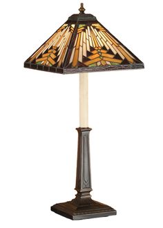 Meyda Tiffany - 66532 - One Light Buffet Lamp - Nuevo - Craftsman Brown Stained Glass Table, Stained Glass Table Lamps, Tiffany Lighting, Buffet Lamp, Square Shades, Rustic Wall Sconces, Louis Comfort Tiffany, Stained Glass Lamps, Buffet Lamps