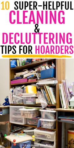 a book shelf filled with lots of clutter and plastic bins