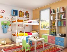 a child's bedroom with bunk beds, desk and bookshelf