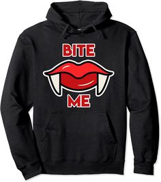 Bite Me For Women And Girls - Vampire Party On Halloween Pullover Hoodie Halloween Punk Hoodie Tops, Punk Halloween Hoodie Top, Punk Halloween Hoodie Sweatshirt, Punk Halloween Hooded Top, Trendy Graphic Print Halloween Hoodie, Halloween Emo Hoodie With Graphic Print, Halloween Emo Style Long Sleeve Hoodie, Halloween Emo Hooded Sweatshirt, Emo Hooded Sweatshirt For Halloween