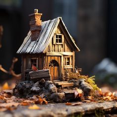 a small wooden house sitting on top of leaves