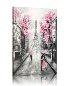 a painting of two people holding umbrellas in front of the eiffel tower