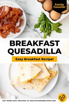 breakfast quesadilla with eggs and bacon on the side is featured in this postcard