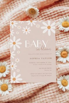 Elegant Daisy Baby in Bloom Baby Shower Invitation Blank Party Template with delicate floral design. Baby Shower Daisy Theme, Daisy Themed Baby Shower Ideas, Bloom Baby Shower Ideas, Baby Shower Invite, Daisy Baby Shower Theme, April Baby Shower, Daisy Baby Shower