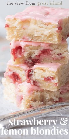 three strawberry lemon blondies stacked on top of each other with the title overlay