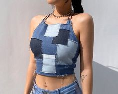 Y2k Aesthetic Fashion, Denim Tank Top, Aesthetic Clothing Stores, Denim Tank, Top Jeans, Denim Crop Top, Patchwork Denim, Jeans Diy, 90s Grunge