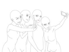 a line drawing of four people taking a selfie