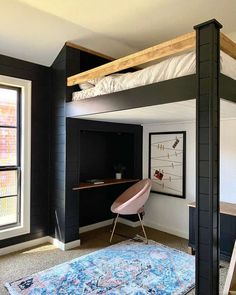 there is a loft bed with a desk in the corner and an office chair underneath it