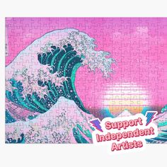 a jigsaw puzzle with an image of the great wave