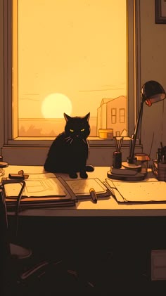 a black cat sitting on top of a desk next to a window