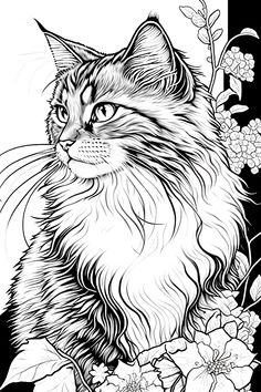 a black and white drawing of a cat with flowers